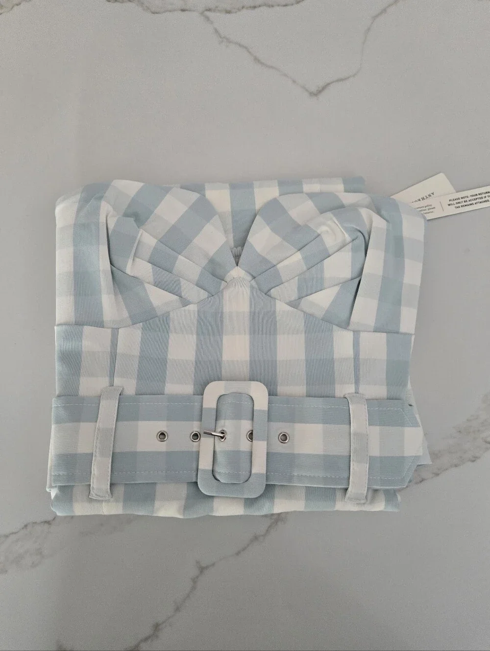 NWT Anthropologie Light Blue and White Gingham Strapless Dress with Belt - Picture 2 of 6